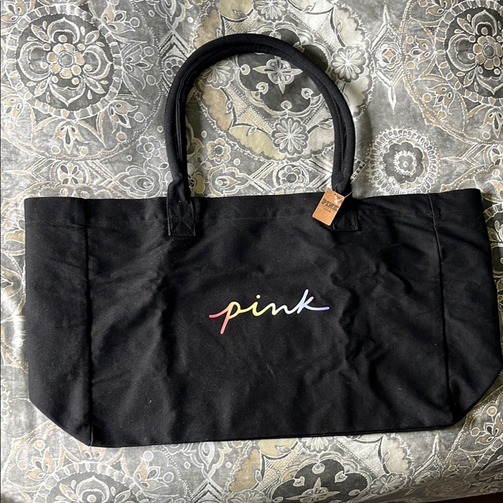 NWT PINK Victoria's Secret zippered Black Tote Bag